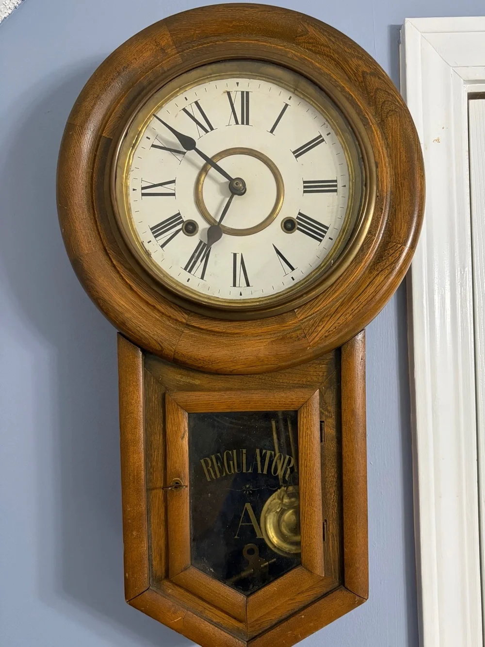 Antique Oak Regulator A Wall Clock – 8-Day Key Wind, Works Great!